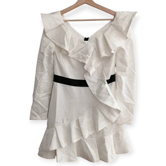 Self-Portrait Long Sleeve White Asymmetric Ruffle Jacquard Mini Dress 6 Formal - Picture 17 of 17